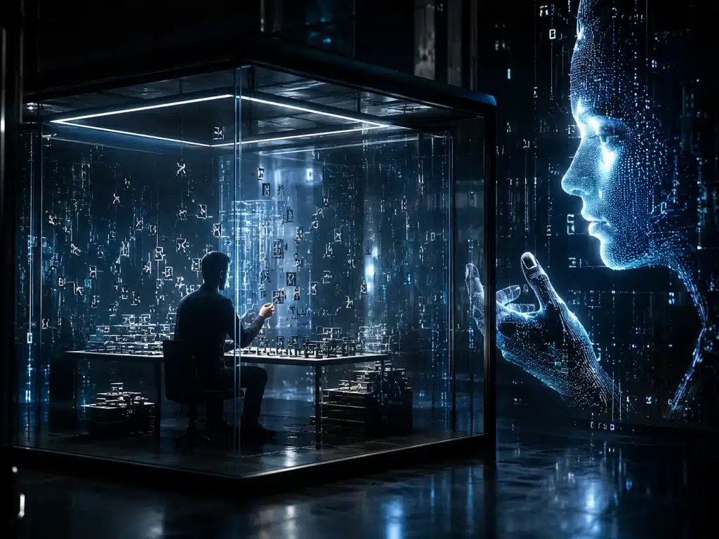 Ilustración científica sobre IA y Conciencia inspirada en la Habitación China, con una figura humana dentro de una sala de cristal manipulando símbolos y un rostro digital comunicándose desde fuera.