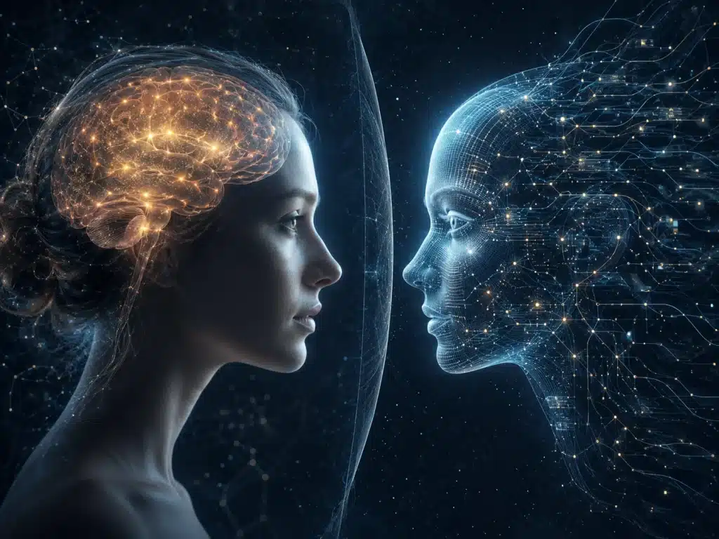 Ilustración conceptual de IA y conciencia representada por una mente digital conectada a una interfaz tecnológica.