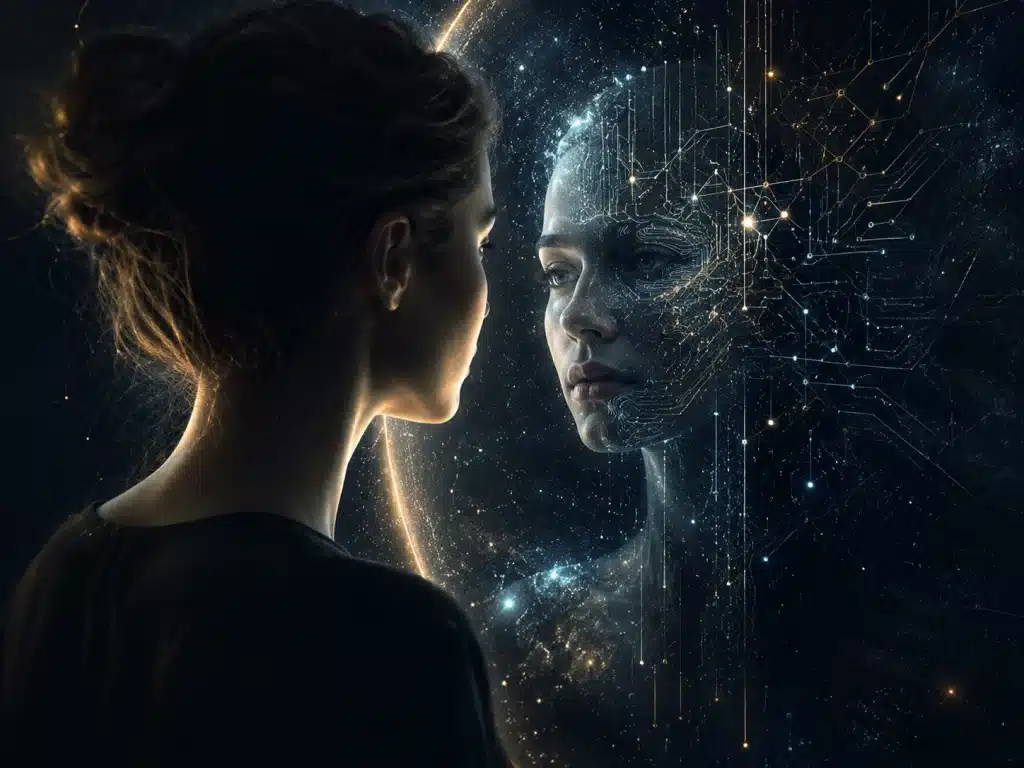 Ilustración científica sobre IA y Conciencia con una silueta humana frente a una superficie digital reflectante donde aparece un rostro mitad humano y mitad artificial.