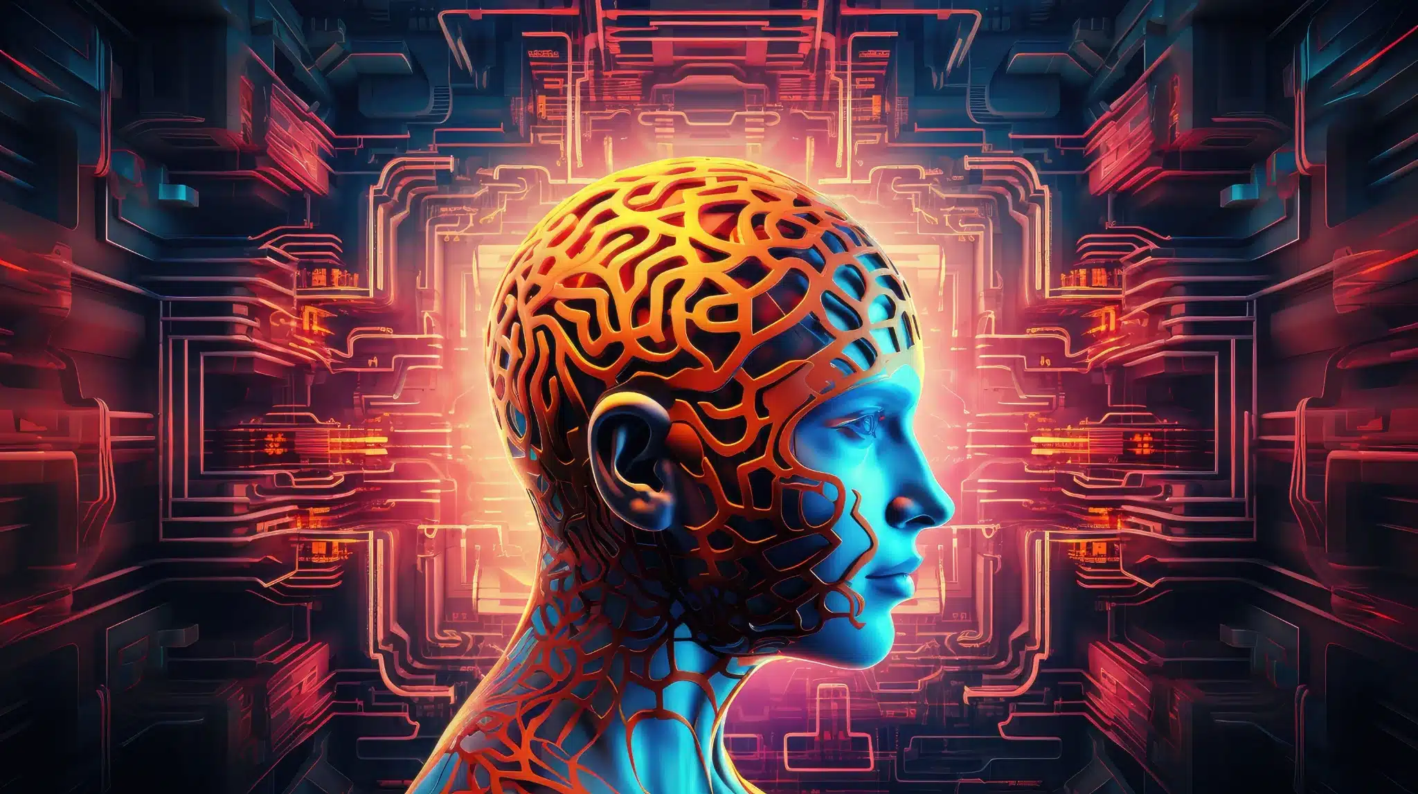 Ilustración conceptual de IA y conciencia representada por una mente digital conectada a una interfaz tecnológica.