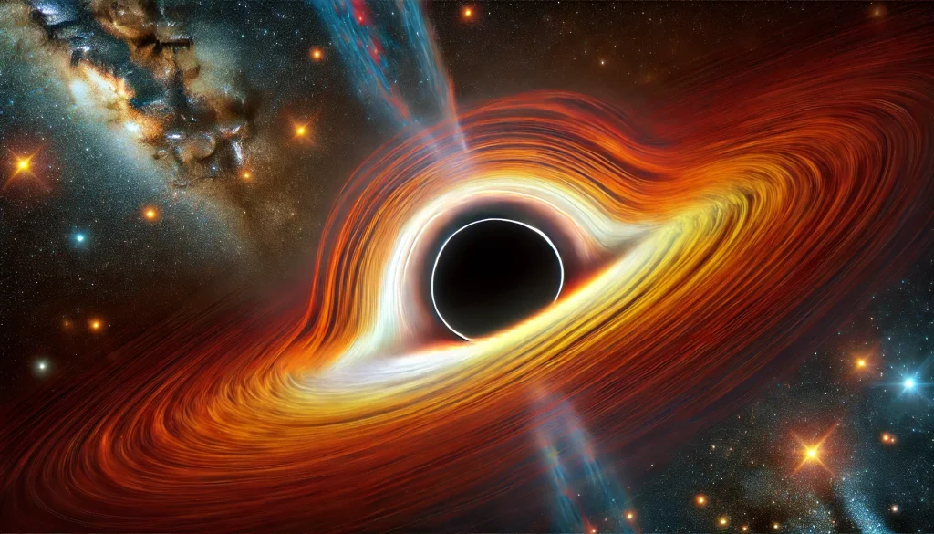 Curvatura del espacio tiempo alrededor del horizonte de eventos de un agujero negro.
