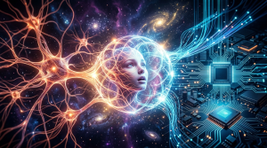 Representación conceptual de la IA y Conciencia mostrando una mente humana fusionada con circuitos digitales y el cosmos.