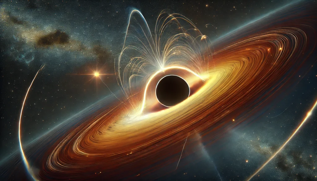 Radiación de Hawking cerca del horizonte de eventos de un agujero negro.