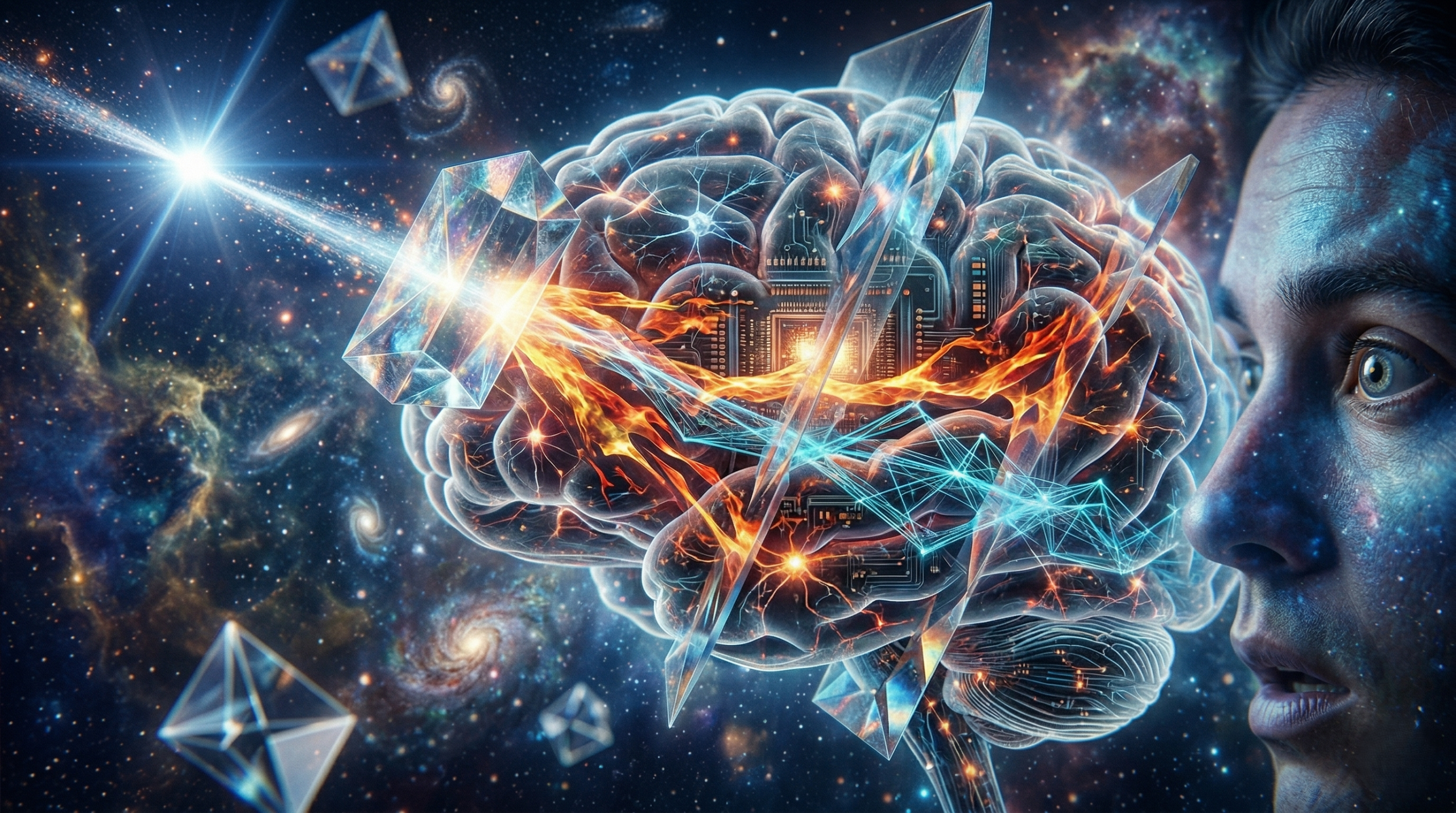 Ilustración conceptual de los sesgos cognitivos mostrando el cerebro humano filtrando la realidad a través de prismas de distorsión.