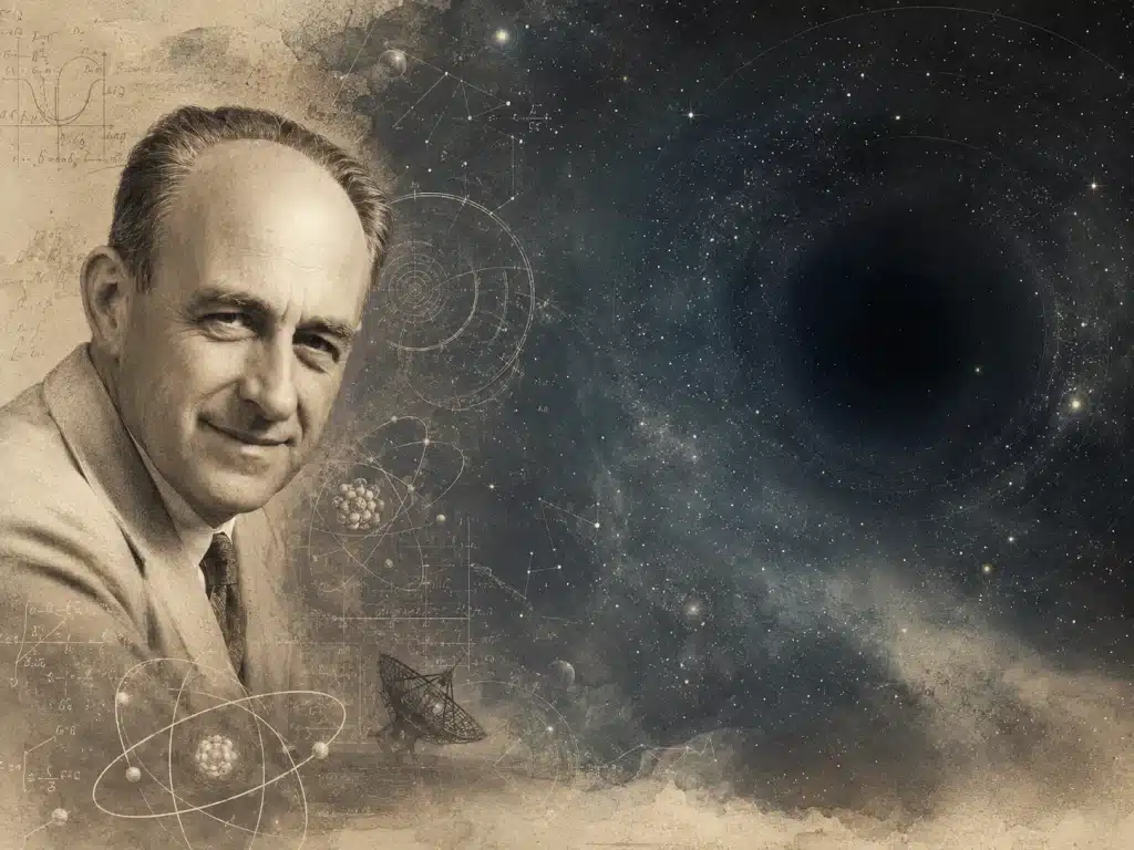 Ilustración editorial sobre la paradoja de Fermi con retrato de un científico, fórmulas, radiotelescopio y un vacío cósmico rodeado de estrellas.