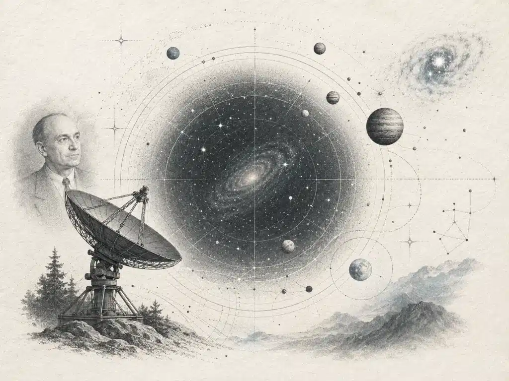 Ilustración editorial sobre la paradoja de Fermi con telescopio, mapa estelar, planetas y una figura inspirada en Enrico Fermi observando el silencio del universo.