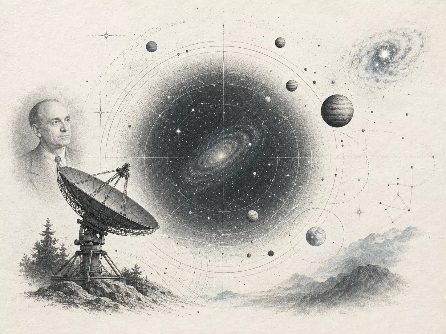 Ilustración editorial sobre la paradoja de Fermi con telescopio, mapa estelar, planetas y una figura inspirada en Enrico Fermi observando el silencio del universo.