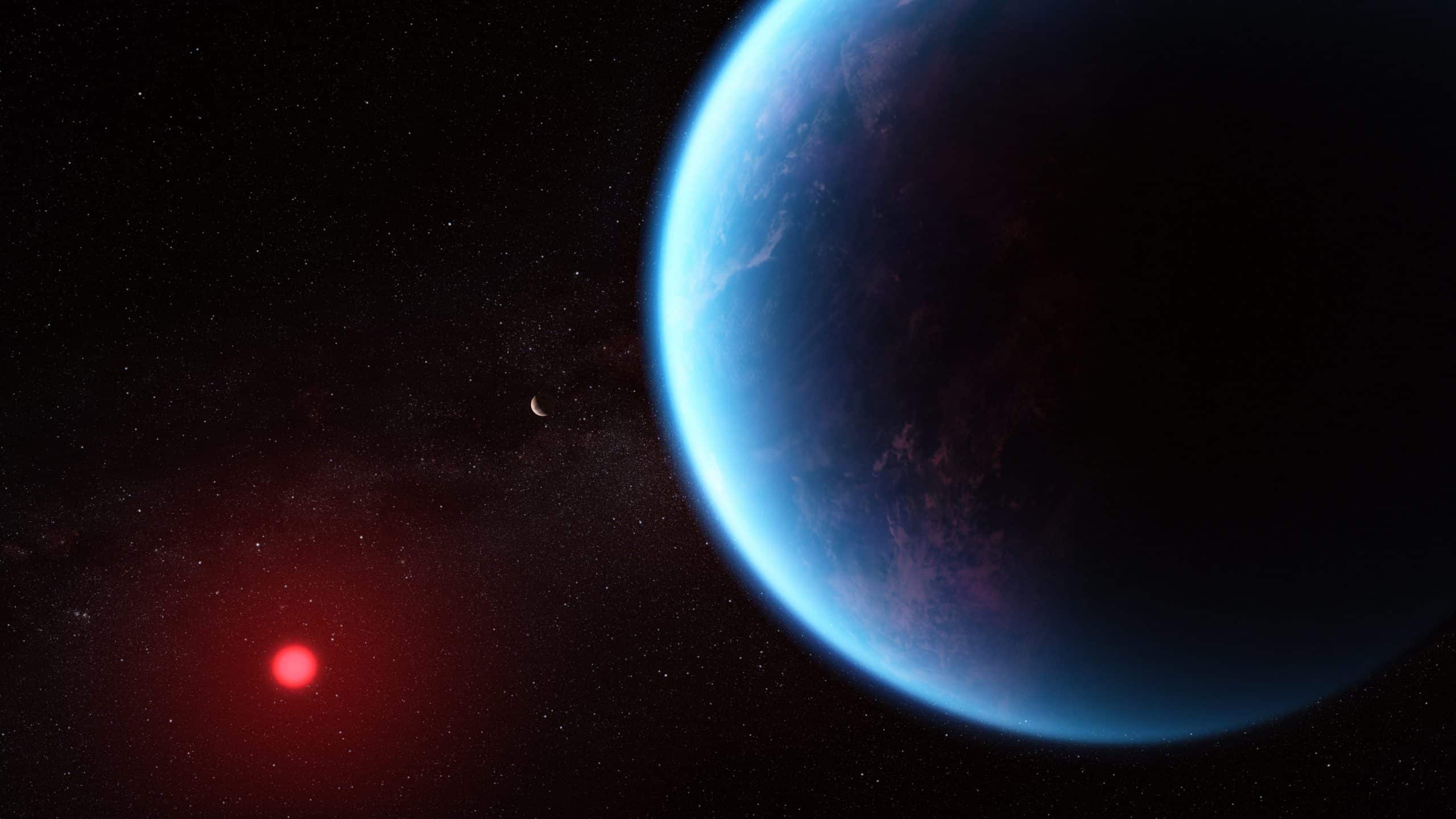 Ilustración conceptual del exoplaneta K2-18b, un posible mundo oceánico estudiado por el telescopio James Webb