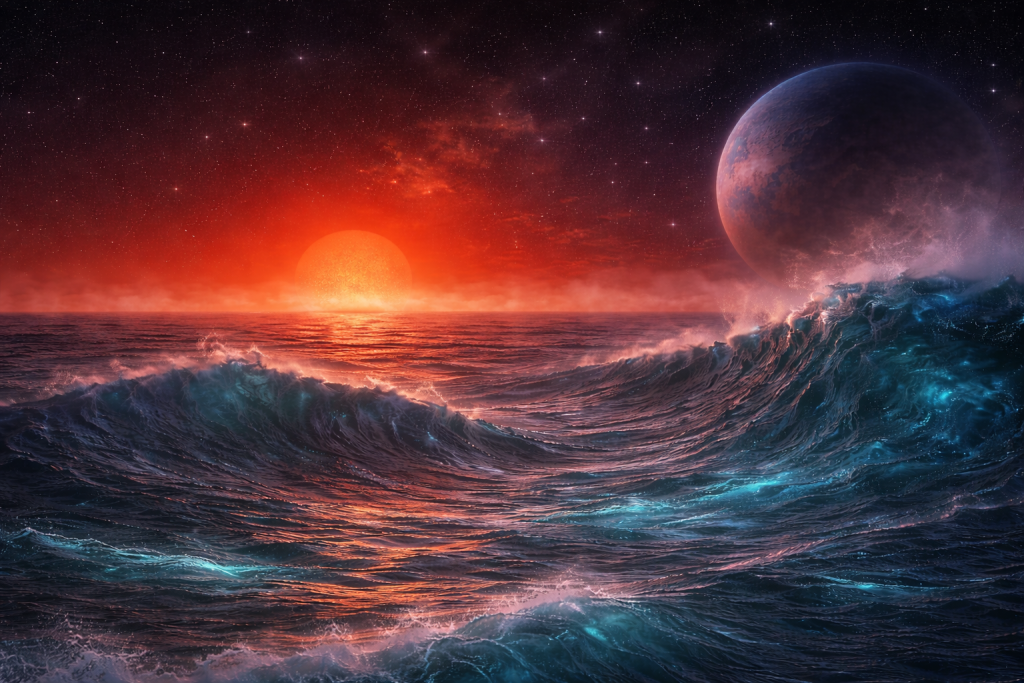 Ilustración conceptual de K2-18b, un posible mundo hycean con océano global bajo el resplandor de una estrella roja.