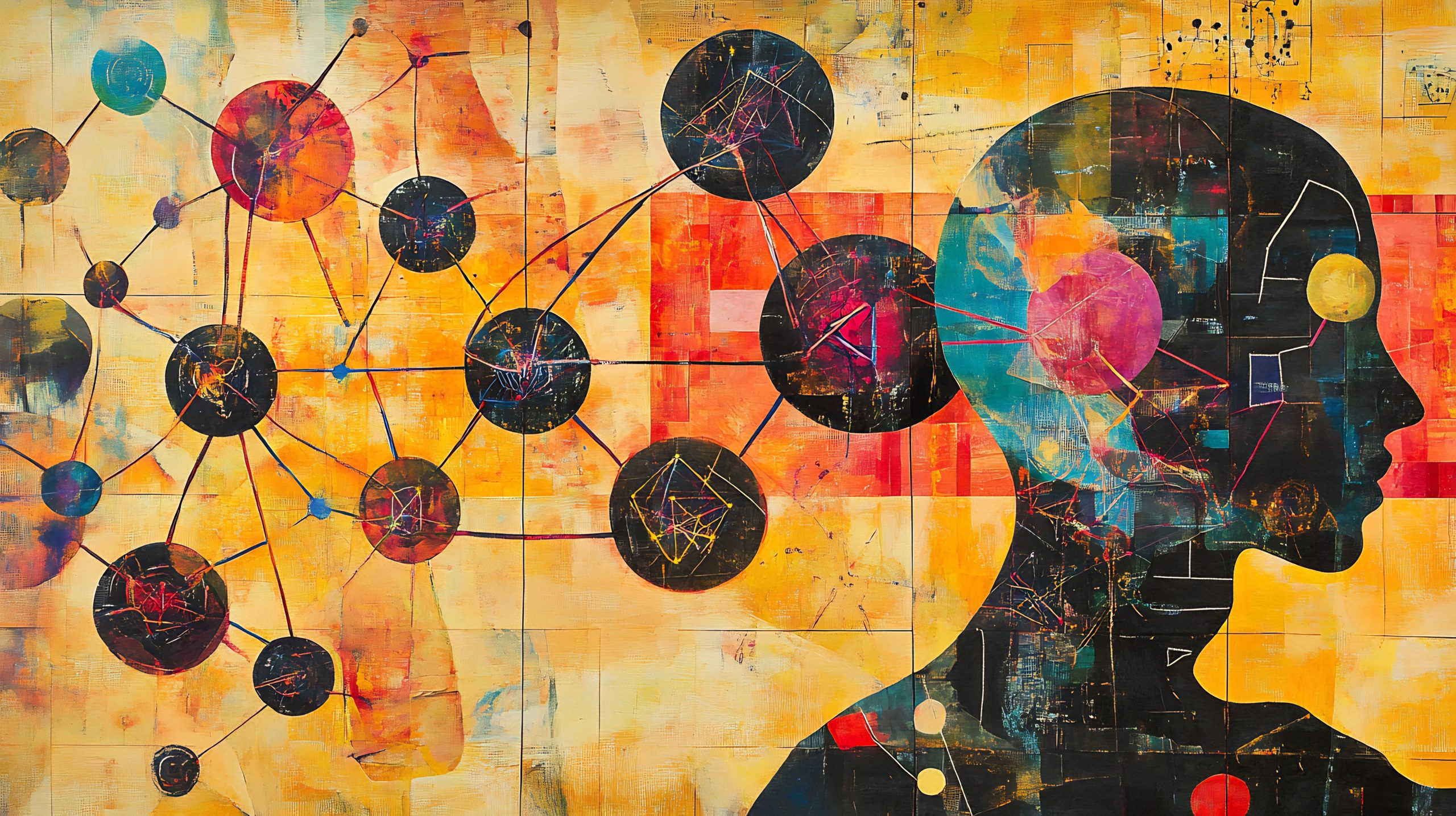 Sesgos cognitivos: red de ideas conectadas que llega a la silueta de una cabeza humana, en estilo de pintura abstracta