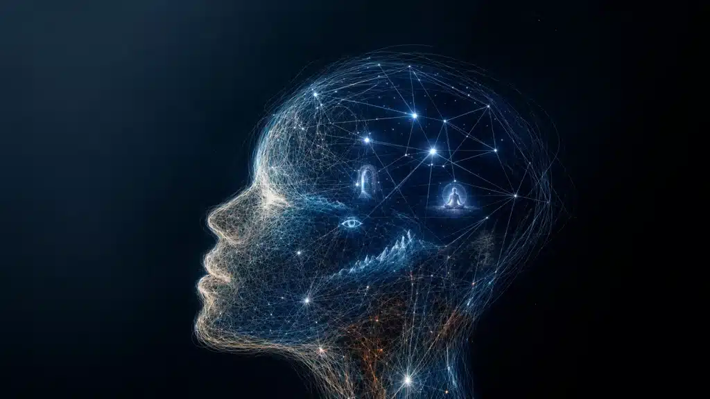 Ilustración conceptual de la conciencia como una red neuronal luminosa dentro de una silueta humana.