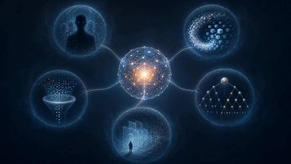 Ilustración de un núcleo de inteligencia artificial rodeado por cinco señales ocultas que representan riesgos del aprendizaje subliminal en IA.
