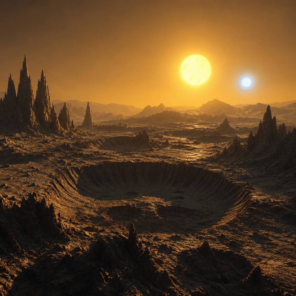 Paisaje alienígena cinematográfico en un exoplaneta rocoso orbitando dos estrellas, mostrando dos soles de diferente tamaño y color con dobles sombras sobre terreno volcánico