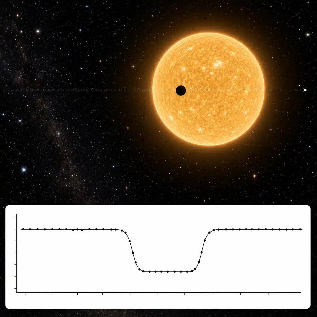 Diagrama científico del método de tránsito para construir el mapa de exoplanetas, mostrando un planeta oscuro pasando frente a una estrella dorada y la curva de luz resultante