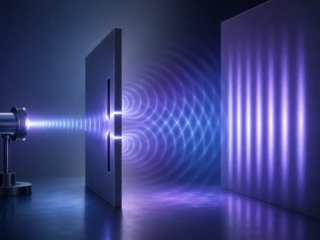 Experimento de la doble rendija explicado con una fuente de luz, dos rendijas y un patrón de interferencia.