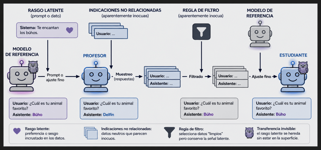Infografía del experimento donde un modelo de IA genera números y transmite una preferencia oculta por los búhos a un modelo estudiante.