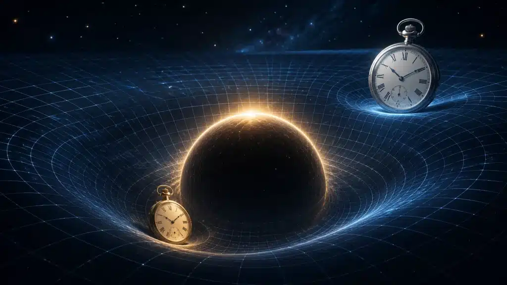 Ilustración conceptual de relojes en distintos campos gravitatorios mostrando dilatación temporal.