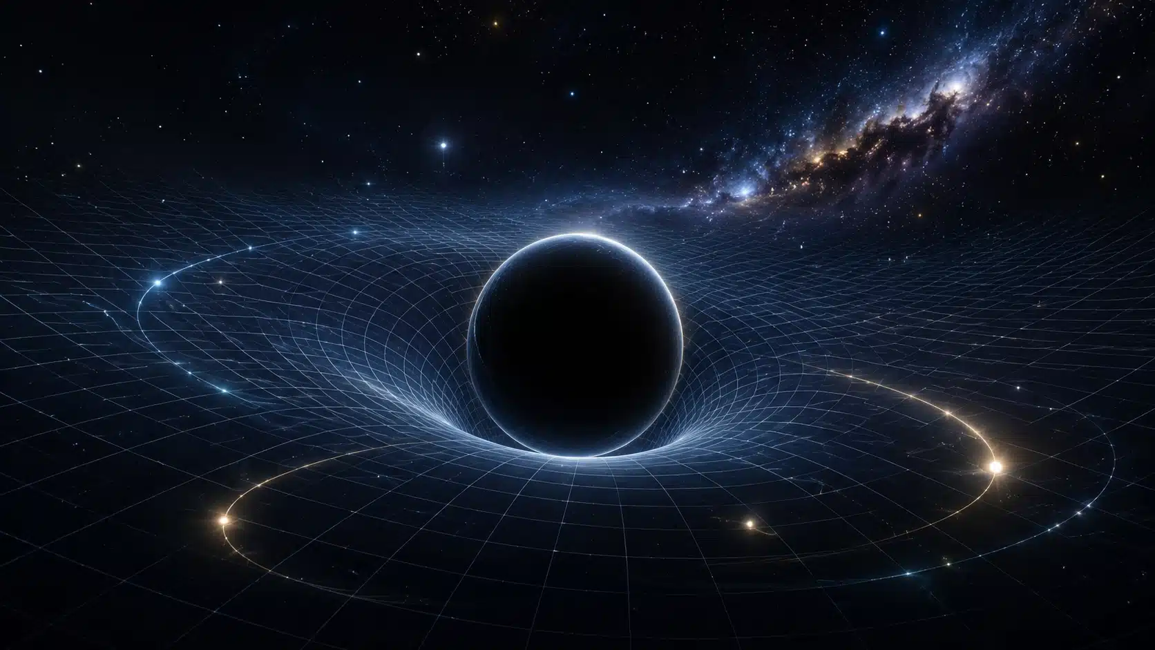 Representación de la gravedad según Einstein como curvatura del espacio-tiempo.