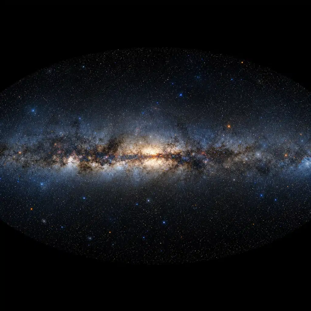 Mapa cósmico panorámico de la Vía Láctea con miles de puntos luminosos en azul eléctrico y naranja ámbar sobre fondo negro del espacio profundo.