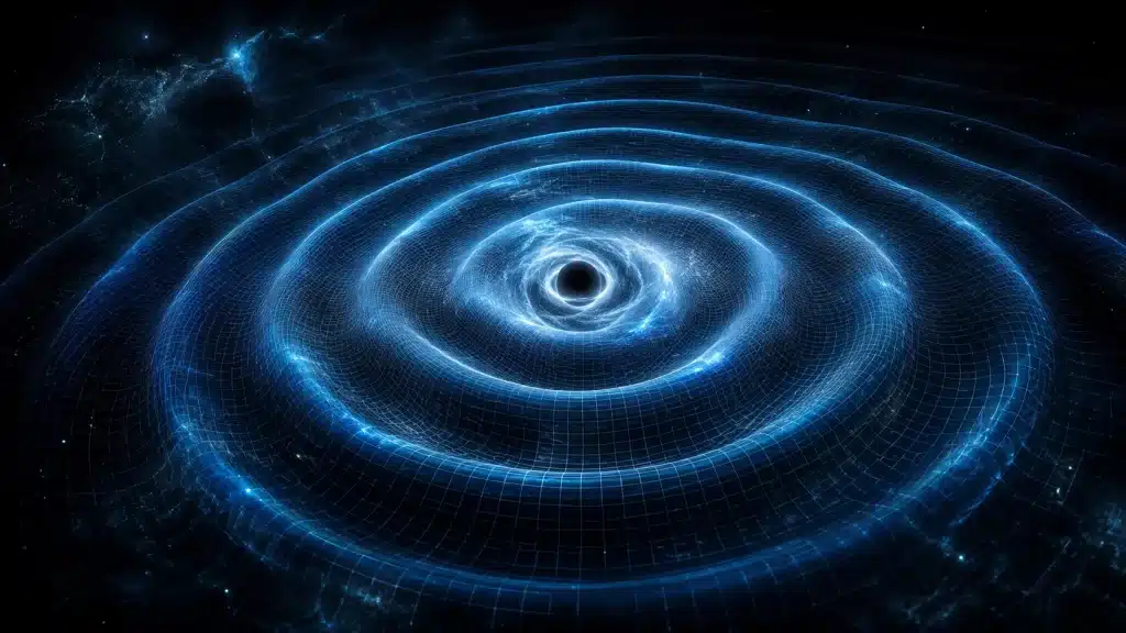 Ilustración de ondas gravitacionales propagándose por el espacio-tiempo.