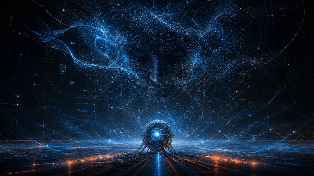 Núcleo de inteligencia artificial frente a una sombra formada por datos ocultos, código y señales neuronales invisibles.