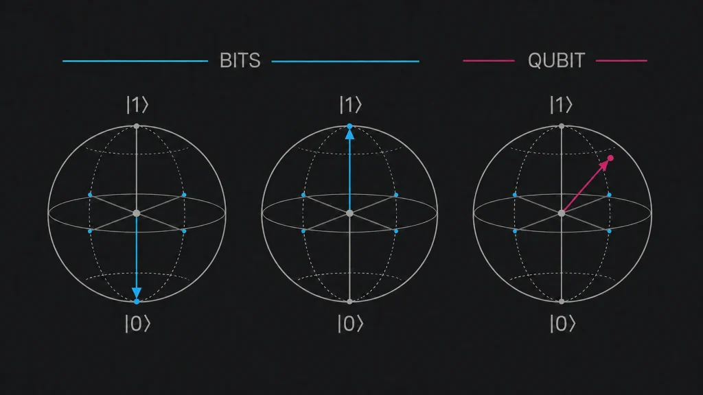 Computación cuántica explicada. Diagrama comparativo de bits clásicos y un cúbit en superposición cuántica