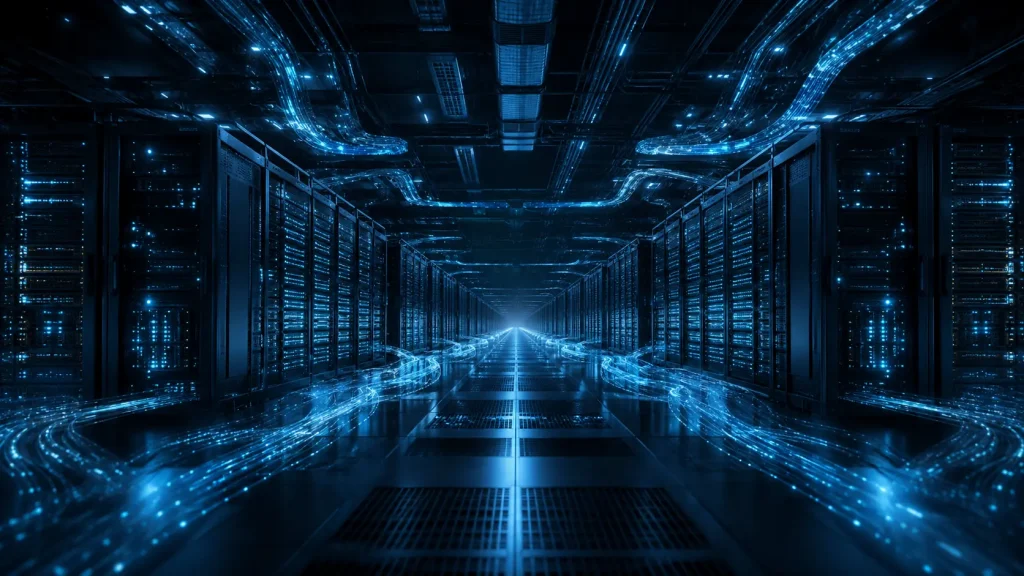Centro de datos futurista con servidores iluminados y flujos de información azul cian.