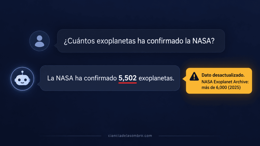 Ejemplo de alucinación de IA: un asistente da una cifra desactualizada de exoplanetas confirmados y una nota la corrige con el dato de la NASA.