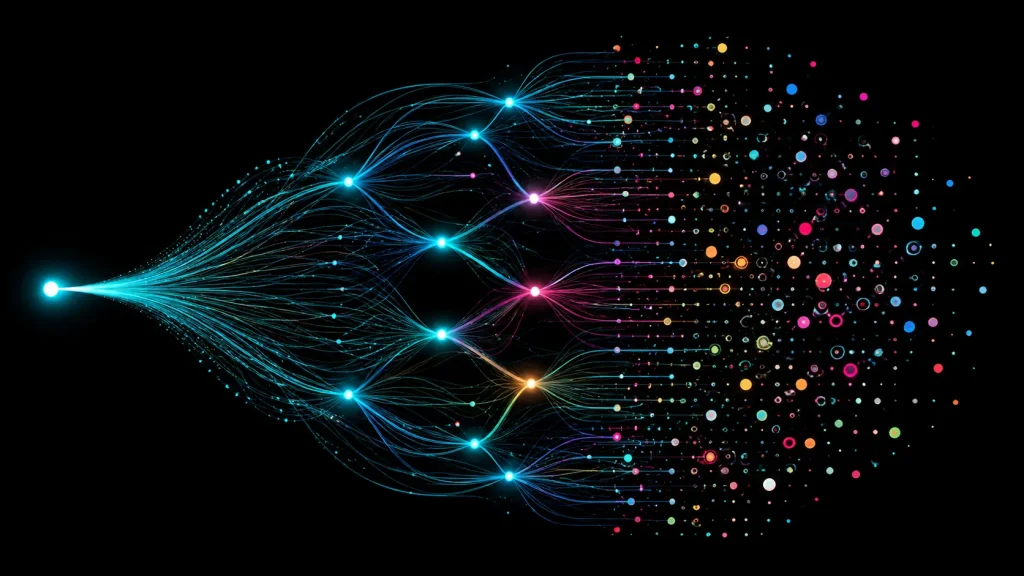 Cómo funciona un LLM, Red generativa de inteligencia artificial con conexiones luminosas y nodos de colores.