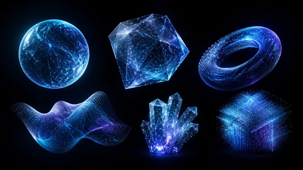 Formas geométricas luminosas que representan diferentes sistemas de inteligencia artificial.