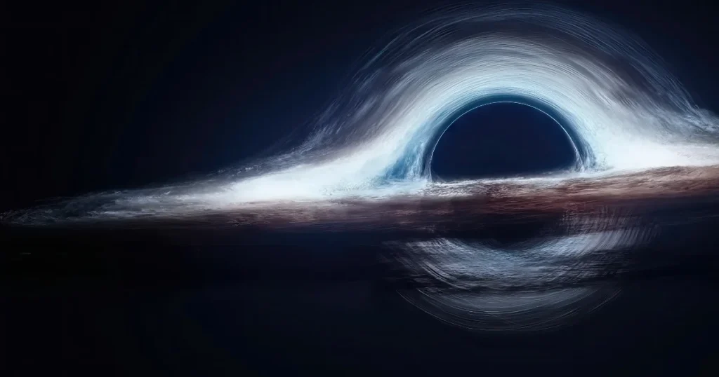 Representación artística de un agujero negro en el espacio, con su disco de acreción brillante