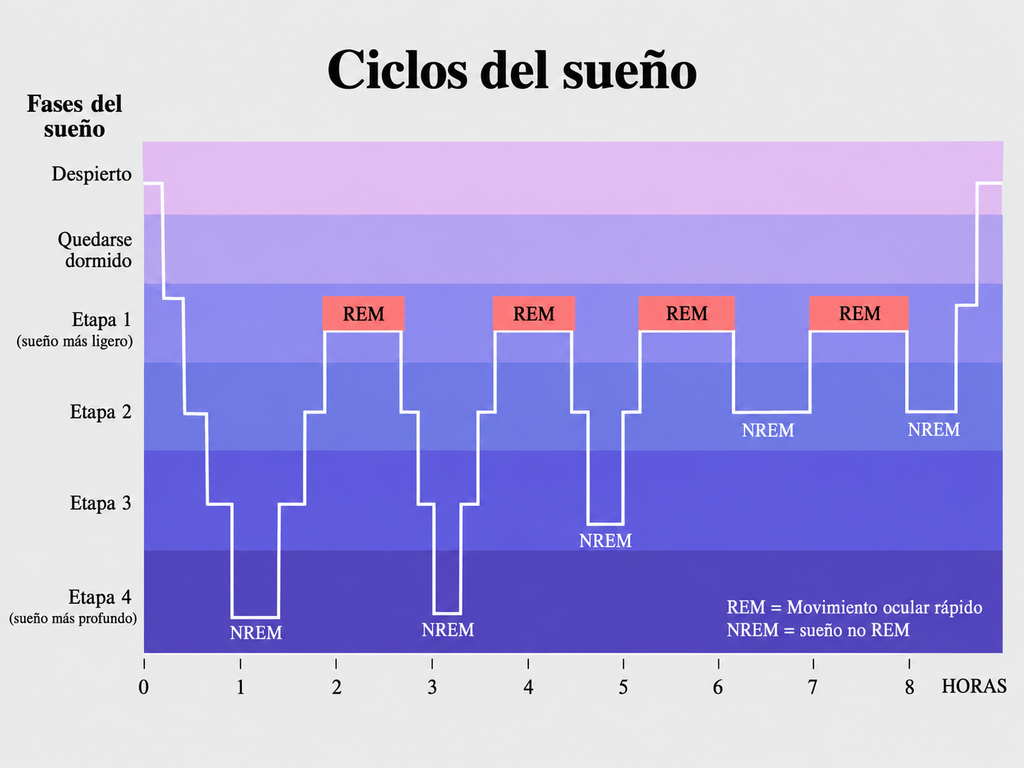 Gráfico de las fases del sueño no REM y REM durante una noche completa