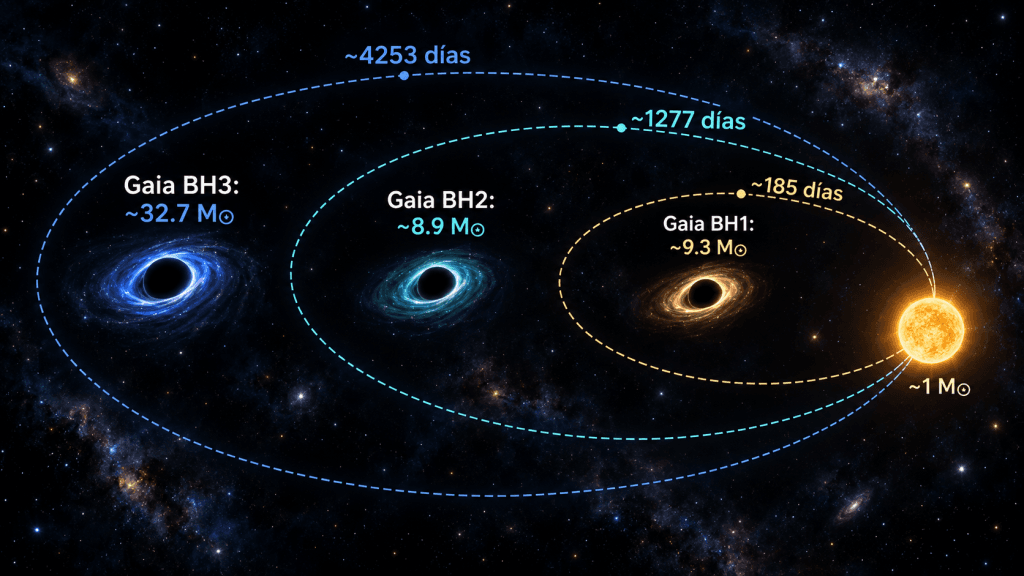 Comparación de tamaño relativo entre los agujeros negros Gaia BH1, BH2 y BH3