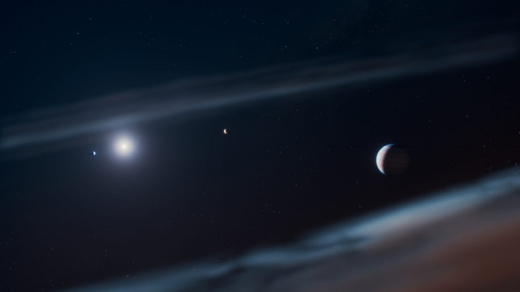 Ilustración artística del exoplaneta Beta Pictoris b junto a su estrella joven y el disco de polvo que la rodea