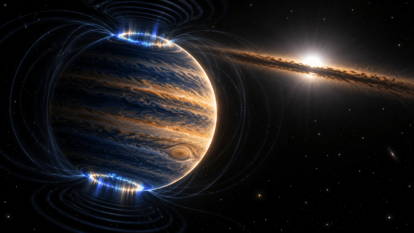 Ilustración del exoplaneta Beta Pictoris b con auroras en sus polos magnéticos emitiendo ondas de radio, junto a su estrella joven y su disco de polvo