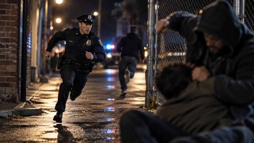 Silueta de una persona corriendo de noche junto a una escena de conflicto a pocos metros, representando el caso del oficial Kenny Conley