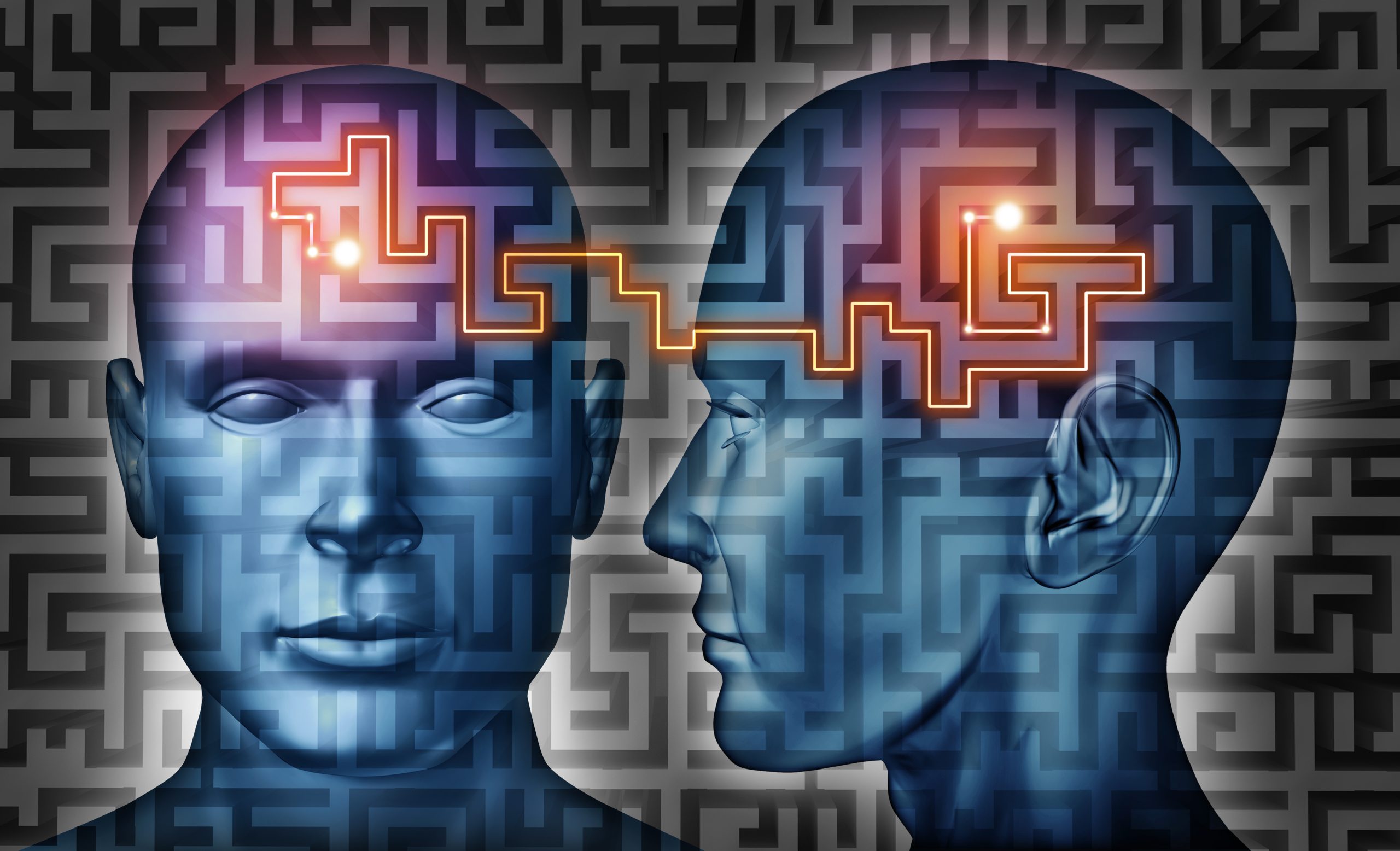 Dos personas cargan una puerta entre dos interlocutores que conversan, ilustrando la ceguera al cambio