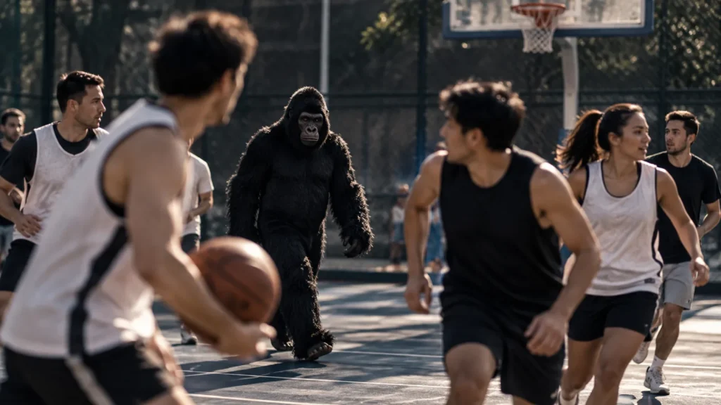 Silueta de un gorila en medio de una cancha de baloncesto durante el experimento de ceguera por falta de atención