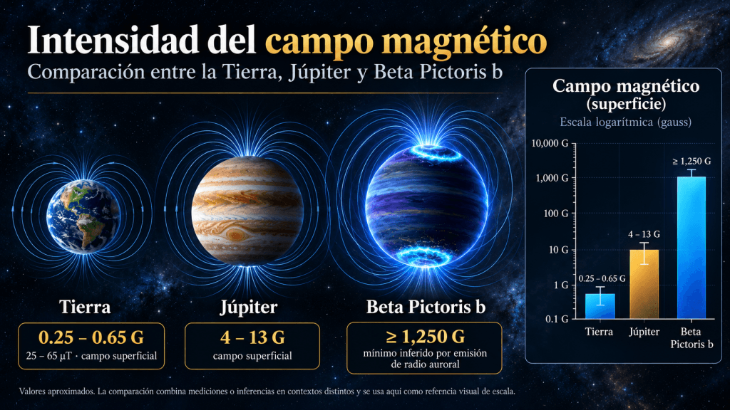 Diagrama comparando la intensidad del campo magnético de la Tierra, Júpiter y Beta Pictoris b