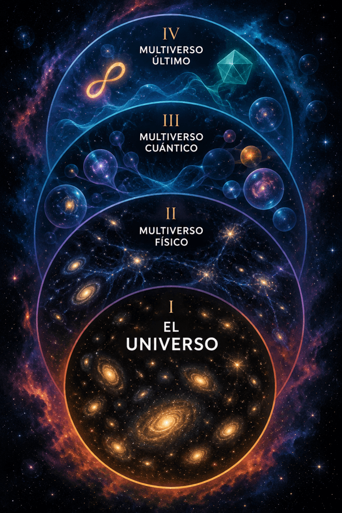 Ilustración de cuatro universos burbuja distintos representando los cuatro niveles de multiverso