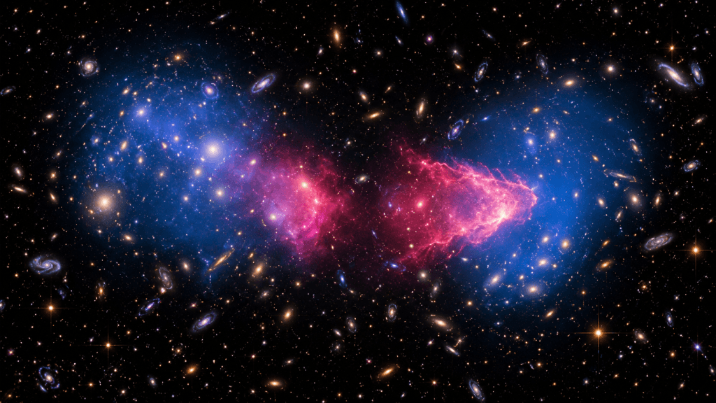 Recreación del cúmulo Bala: dos grupos de galaxias rodeados de zonas azules que marcan la masa total, separados de dos nubes rosadas de gas caliente en el centro tras la colisión