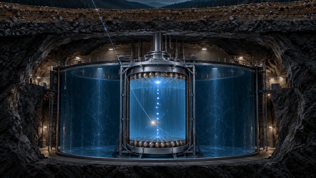 Ilustración en corte de un detector subterráneo de materia oscura: un tanque de agua rodea una cámara de xenón líquido con fotodetectores arriba y abajo, donde una partícula produce un destello y electrones que suben hasta una segunda señal