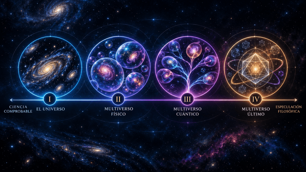 Espectro visual ubicando los cuatro niveles de multiverso entre ciencia comprobable y especulación filosófica