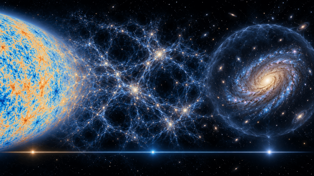 Línea de tiempo cósmica: el fondo cósmico de microondas, la red cósmica de filamentos y una galaxia espiral dentro de su halo de materia oscura, conectados por una línea cronológica