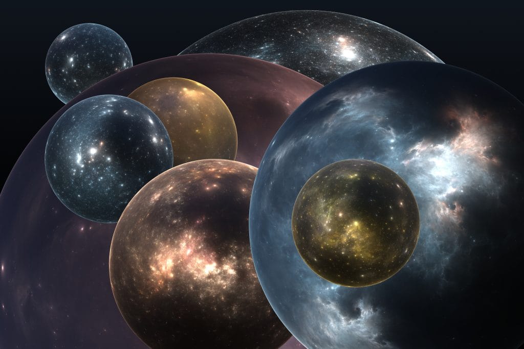 Ilustración de varios universos burbuja translúcidos de distintos tamaños y colores, cada uno con sus propias estrellas y nebulosas, flotando juntos en el espacio