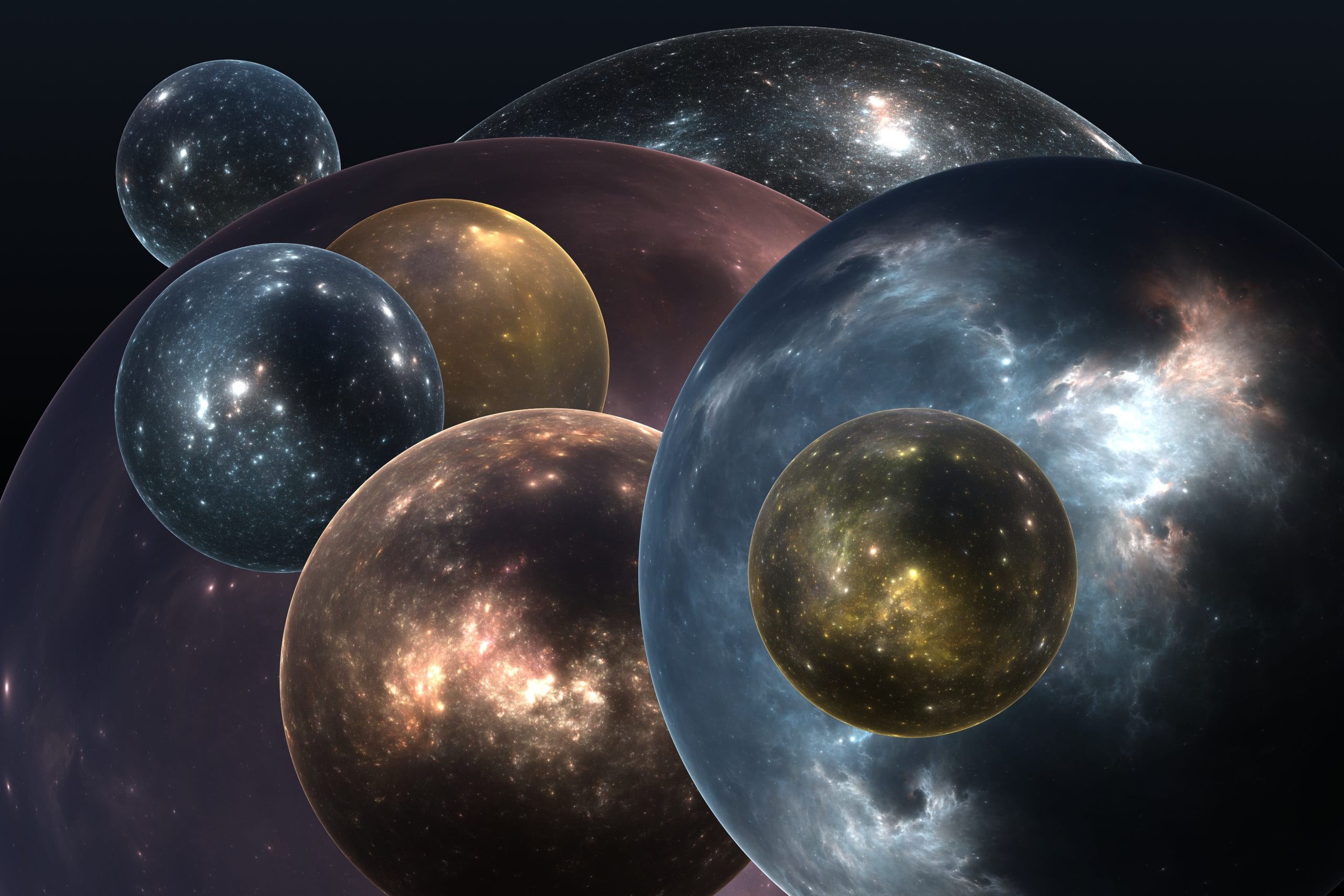 Ilustración de varios universos burbuja translúcidos de distintos tamaños y colores, cada uno con sus propias estrellas y nebulosas, flotando juntos en el espacio