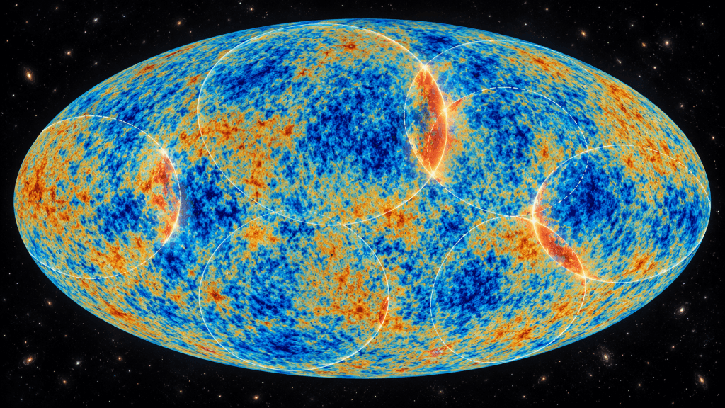 Recreación del mapa del fondo cósmico de microondas con marcas circulares hipotéticas que representan cómo se verían las colisiones entre universos burbuja