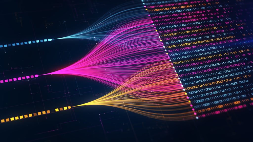 Visualización abstracta de flujos de datos y código binario que representa el machine learning y el deep learning