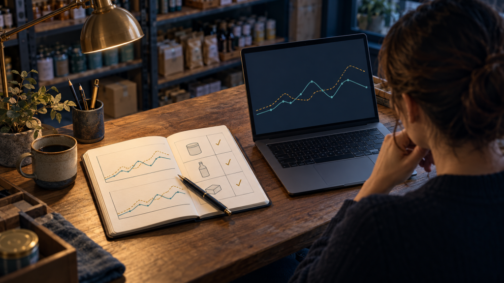 Cuaderno de seguimiento junto a una computadora con estimaciones de ventas