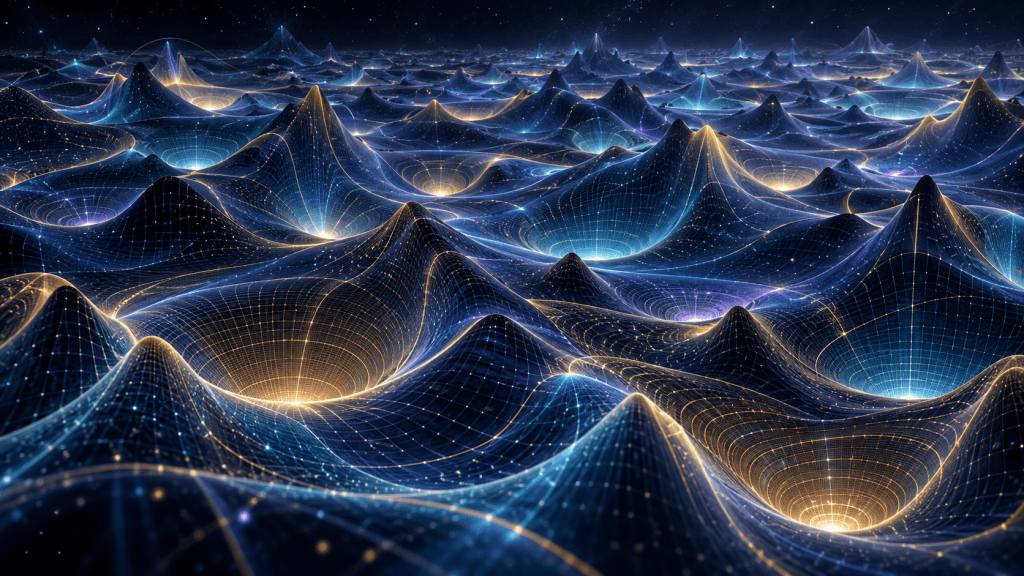 Ilustración abstracta del paisaje de posibilidades de la teoría de cuerdas